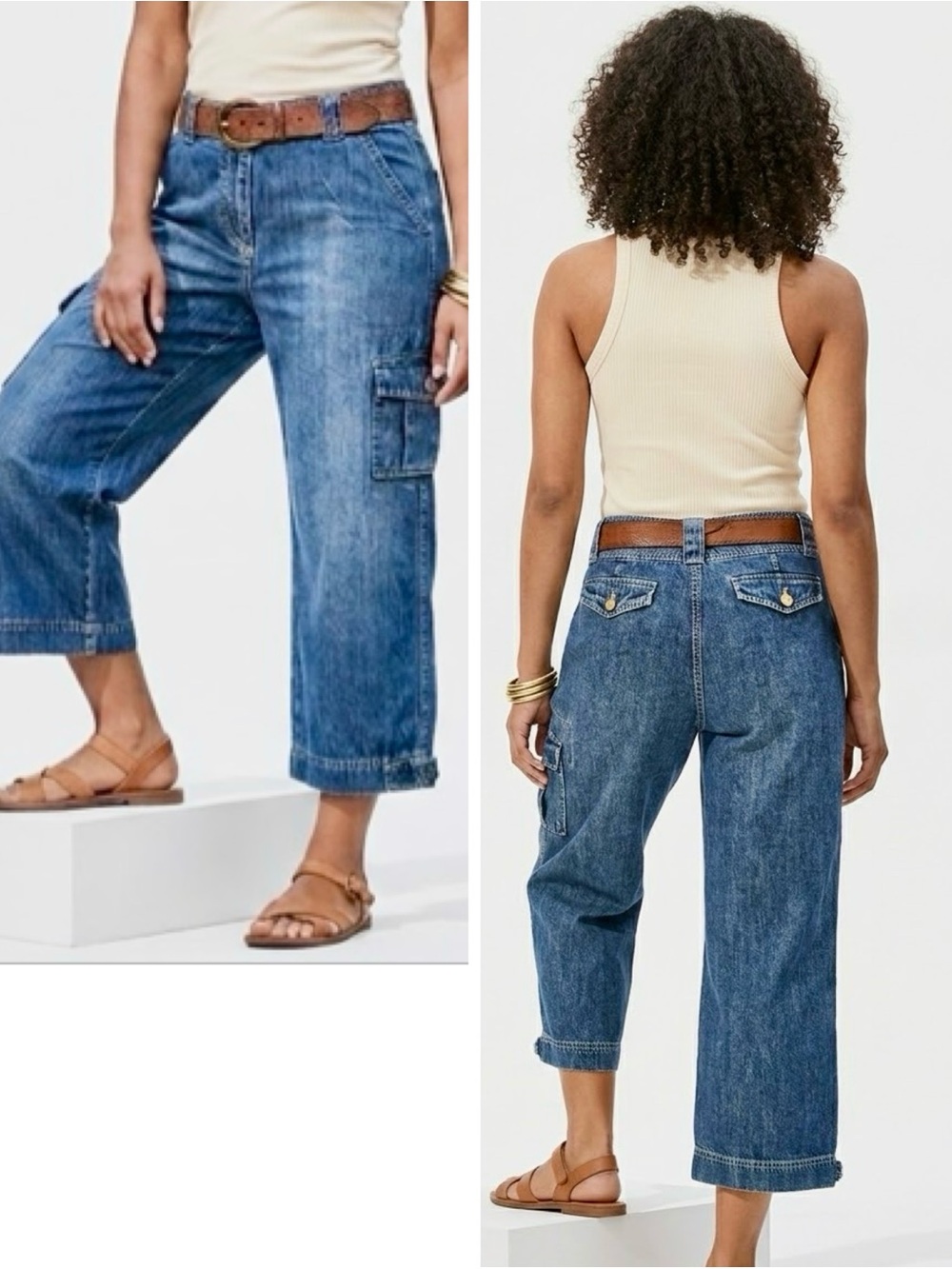 NEW YORK & CO Wide Leg Blue Denim High-Rise Cropped Cargo Jeans